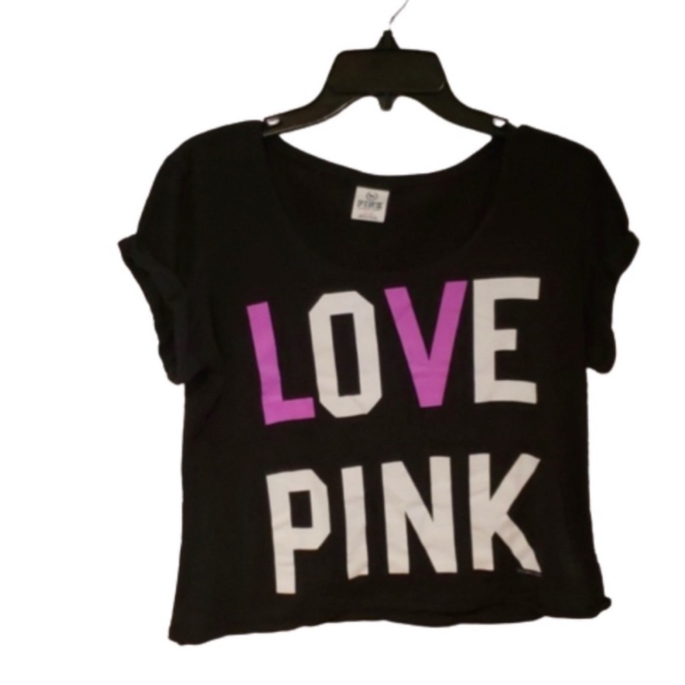 PINK Victoria's Secret Crop Top Black Tee with Purple and White Print Size Small